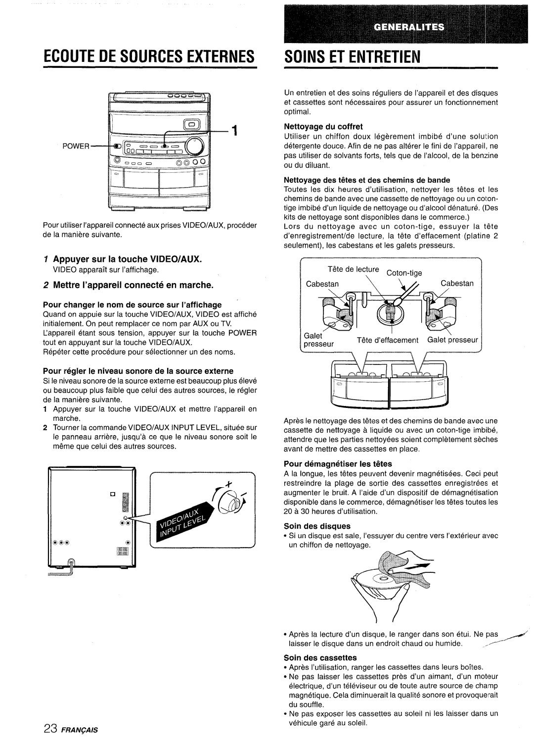 Aiwa NSX-AV800 manual Ecoute DE Sources Externes Soins ET Entretiein, Kla ,llg~00, Appuyer sur la touche VIDEO/AUX 