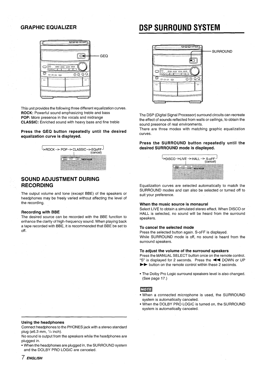 Aiwa NSX-AV800 manual DSP Surround System, Graphic Equalizer, Sound Adjustment During Recording 