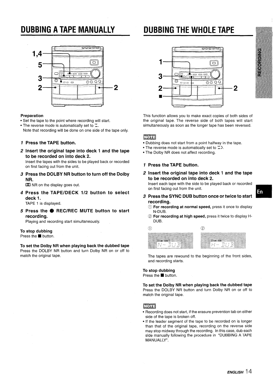 Aiwa NSX-AV800 Dubbing A Tape Manually, Dubbing The Whole Tape, Press the TAPE button, Insert the, original tape into 