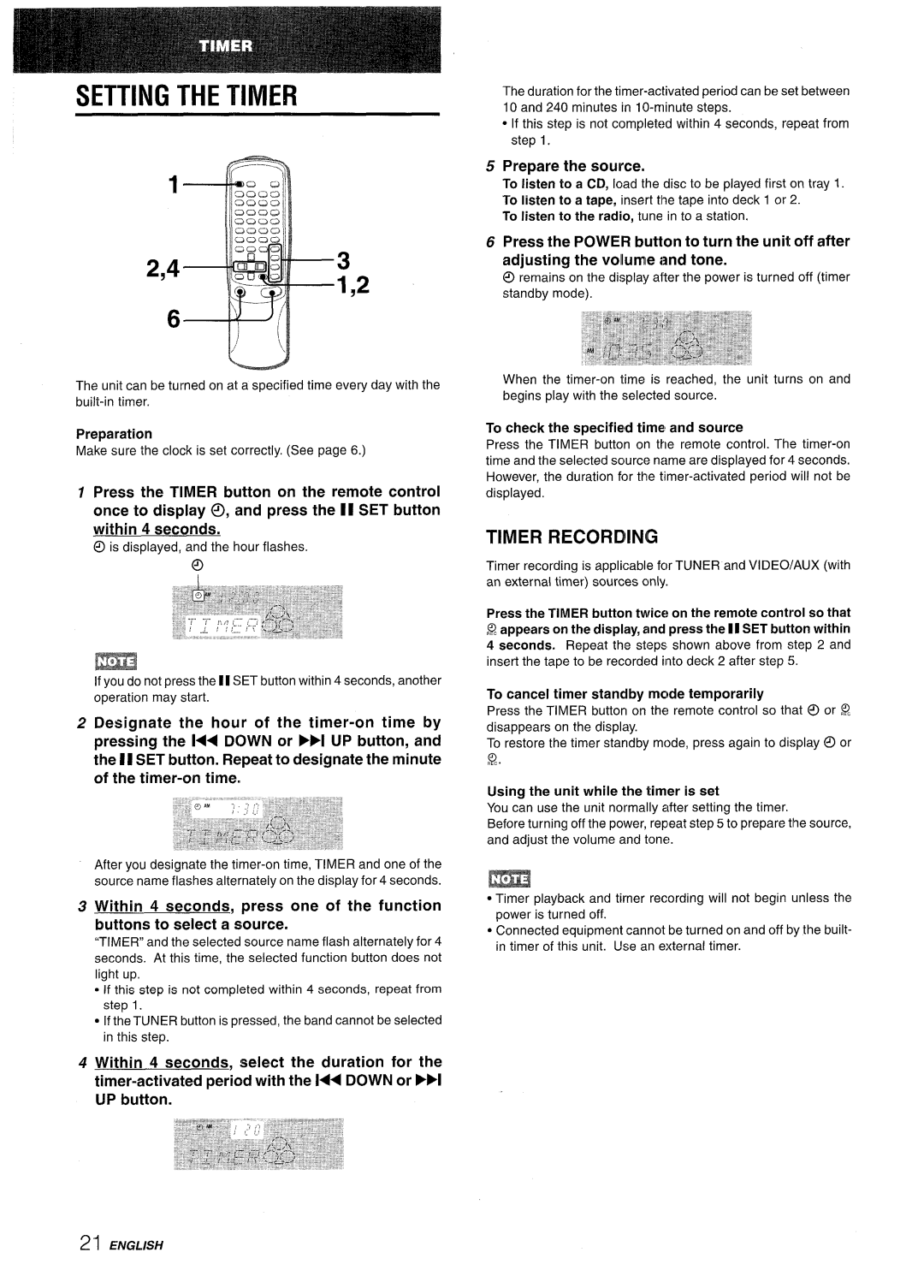 Aiwa NSX-AV800 manual Setting The Timer, 2,43 1,2, Timer Recording, Preparation, Prepare the source 