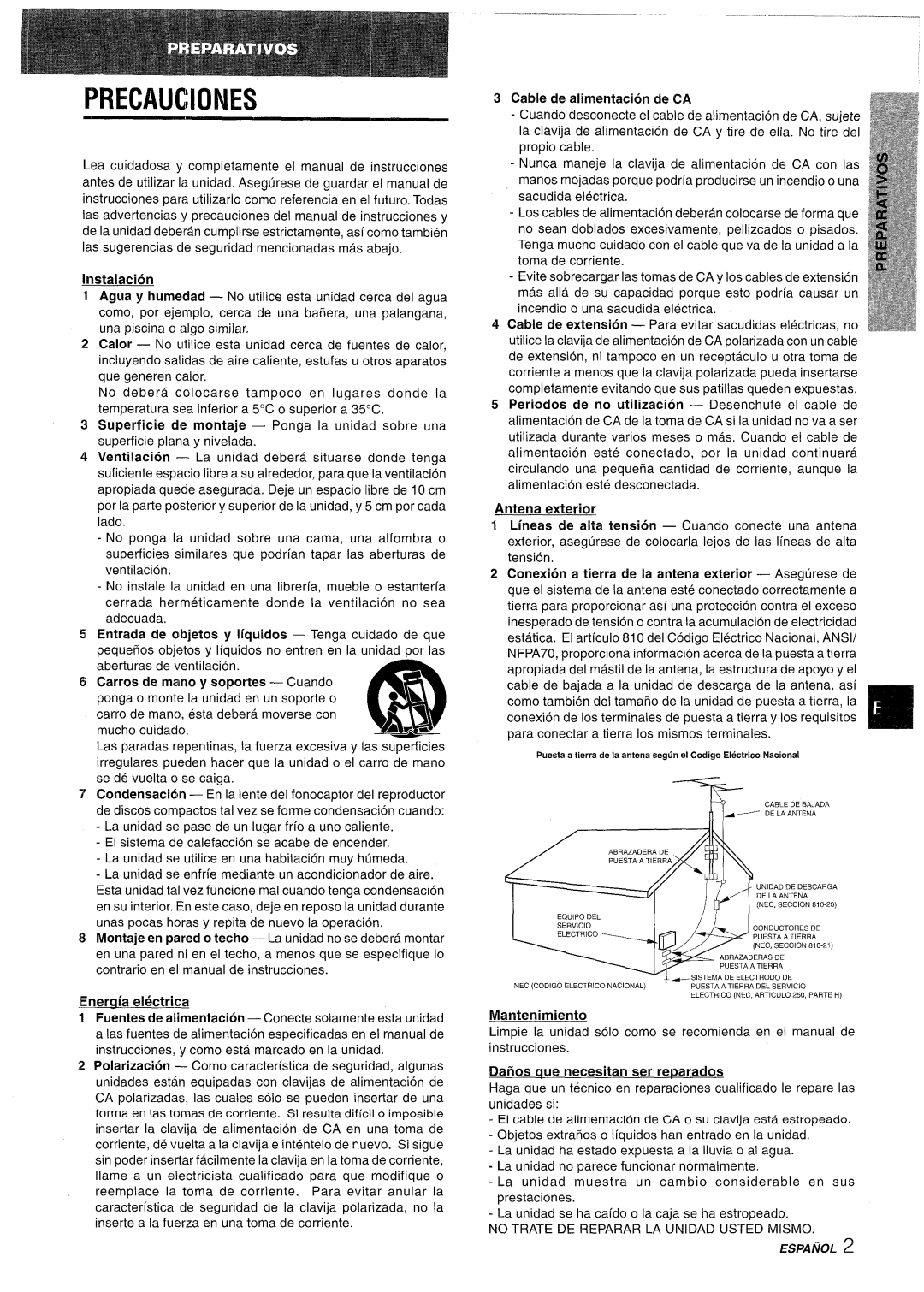 Aiwa NSX-AV800 manual Precauciones, Instalacion, Carros de mano y soportes - Cuando, Energria electrica, Antena exterior 