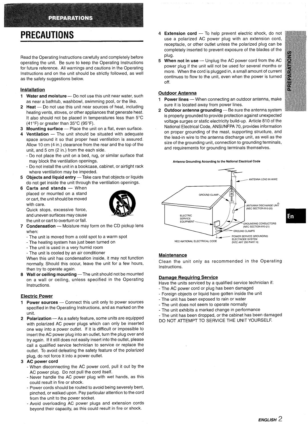 Aiwa NSX-AV800 manual Precautions, Installation, Electric Power, AC power cord, Outdoor Antenna, Maintenance 