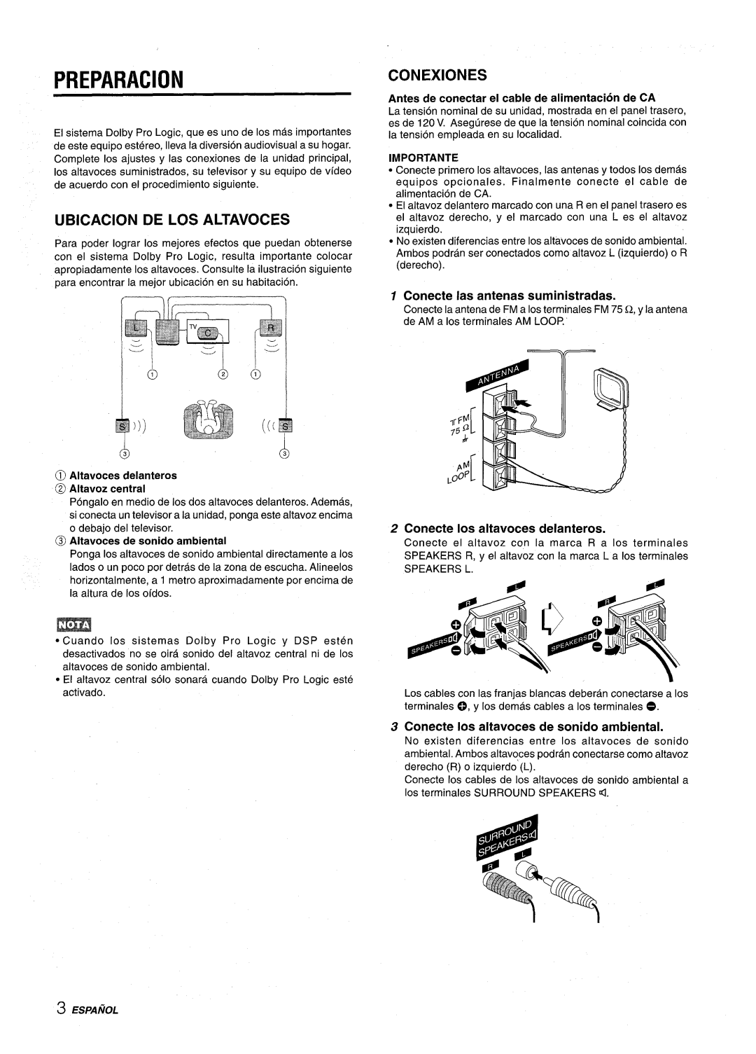 Aiwa NSX-AV800 manual Preparation, Ubicacion De Los Altavoces, Conexiones, Antes de conectar el cable de alimentacion de CA 