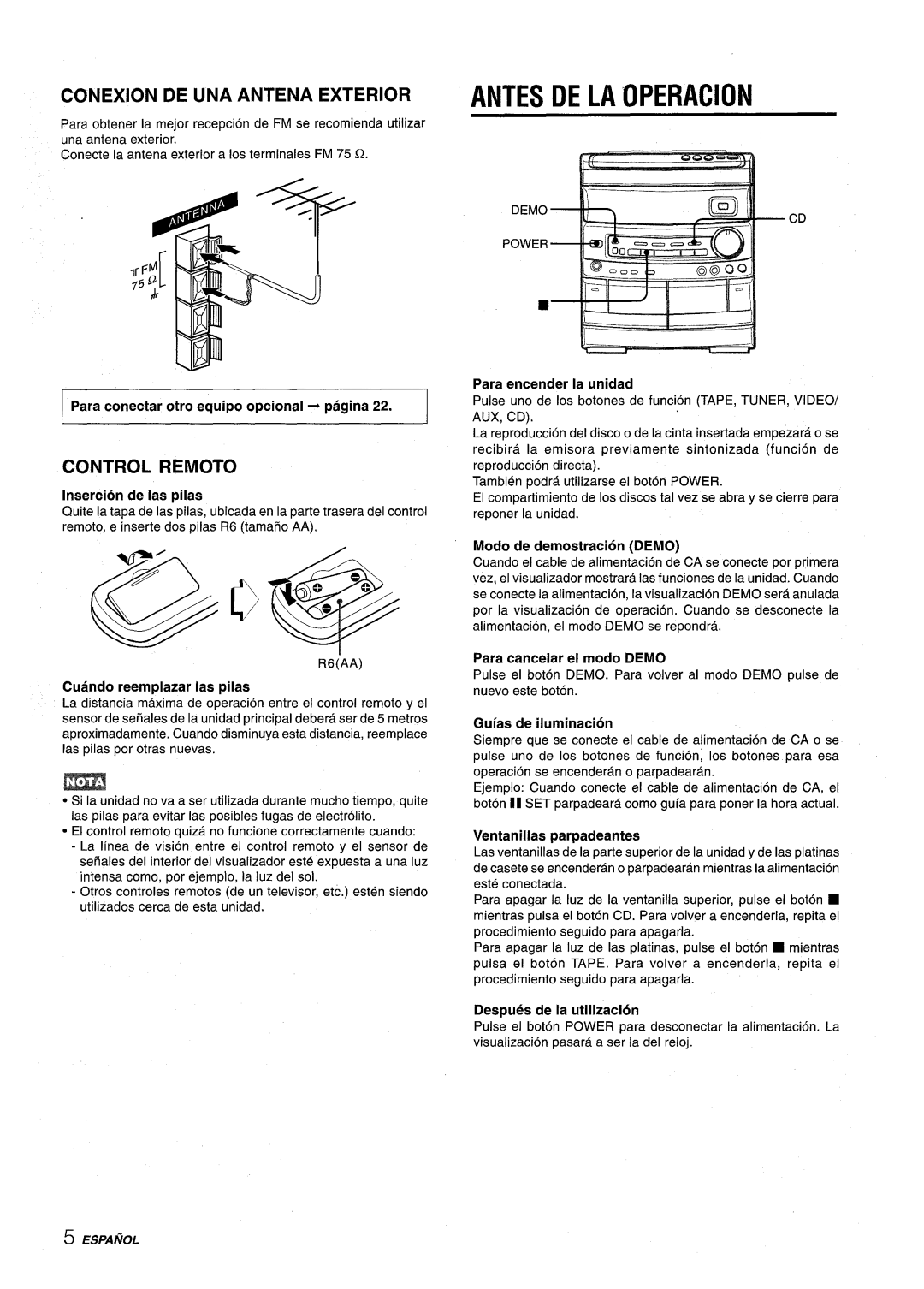 Aiwa NSX-AV800 manual Antes De La Operacion, Conexion De Una Antena Exterior, Control Remoto, Insertion de Ias pilas 