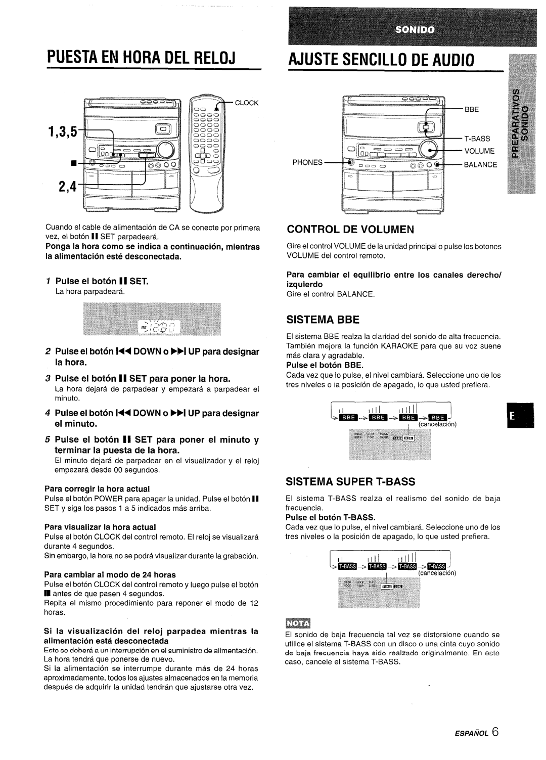 Aiwa NSX-AV800 Puesta En Hora Del Reloj, Ajuste Sencillo De Audio, Control De Volumen, Sistema Bbe, Sistema Super T-Bass 
