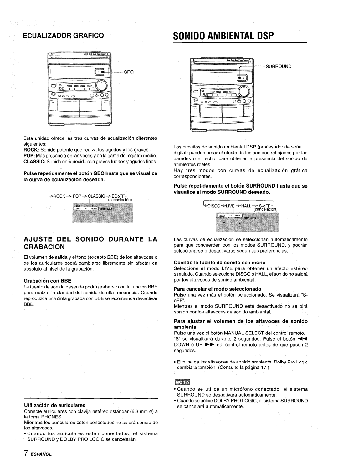 Aiwa NSX-AV800 manual Sonido Ambiental Dsp, Ecualizador Grafico, Ajuste Del Sonido Durante La Grabacion, 11 G534--=Q 