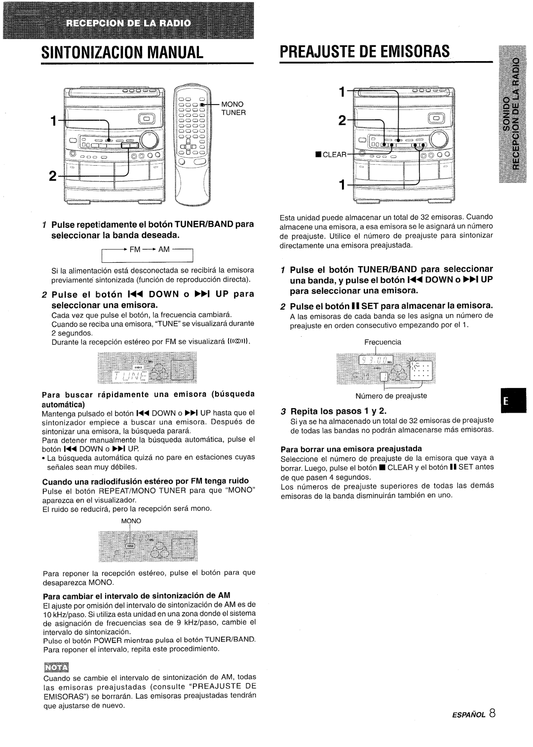 Aiwa NSX-AV800 manual SINTON1ZAC1ON MANUAL, Preajuste De Emisoras, Fm- Am, Pulse el boton 1I SET para almacenar la emisora 