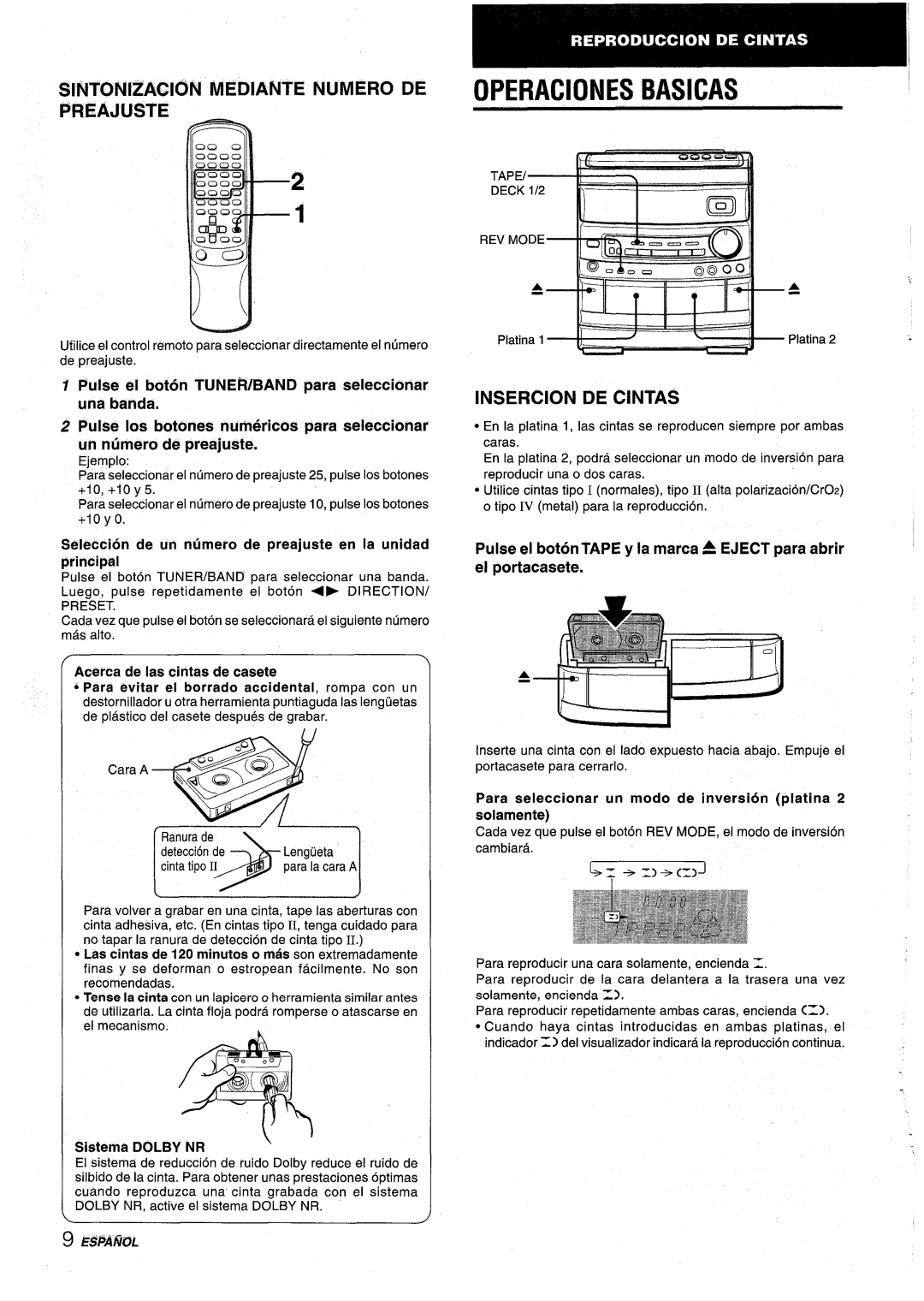 Aiwa NSX-AV800 manual OPERAClONES BASICAS, Sintonizacion Mediante Numero De Preajuste, Insercion De Cintas, Sistema DOLB 
