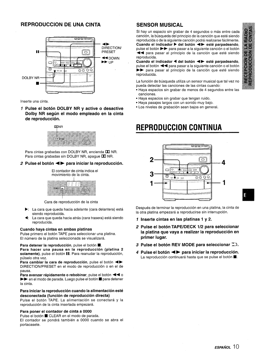 Aiwa NSX-AV800 manual Reproduction Continua, Reproduction De Una Cinta, Sensor Musical, Inserte cintas en Ias platinas 1 y 