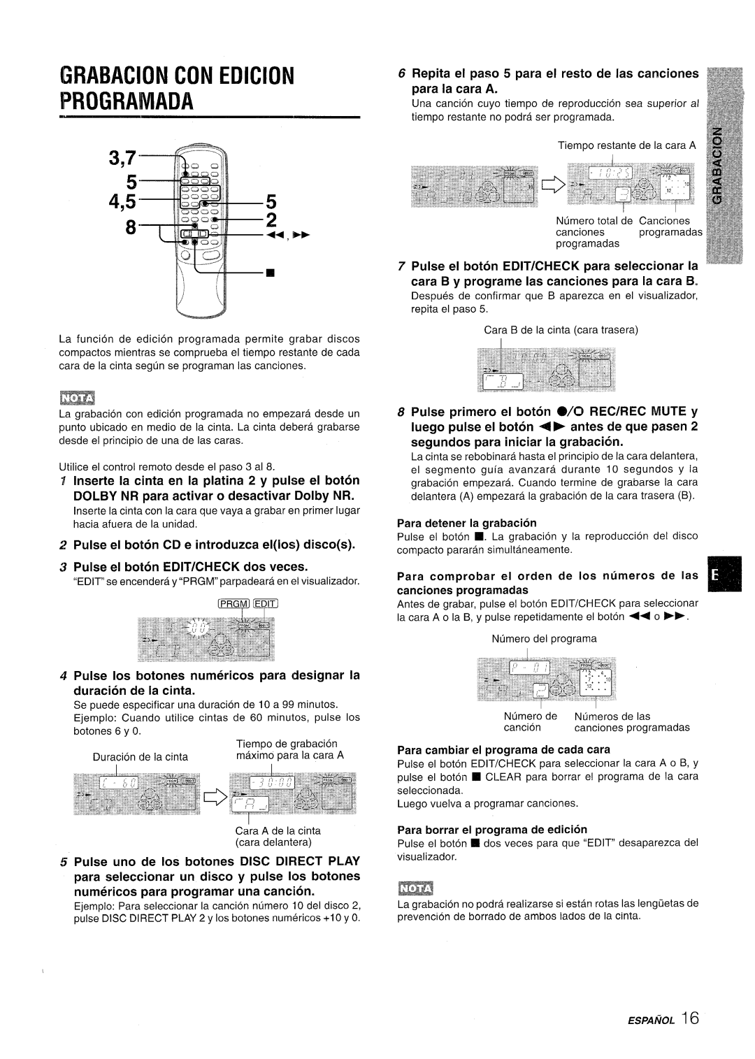 Aiwa NSX-AV800 manual GRABAC1ON CON EDICION I?ROGRA!MADA, 3,7 5“ 4,55, 8-++, Pulse el boton CD e introduzca ellos discos 