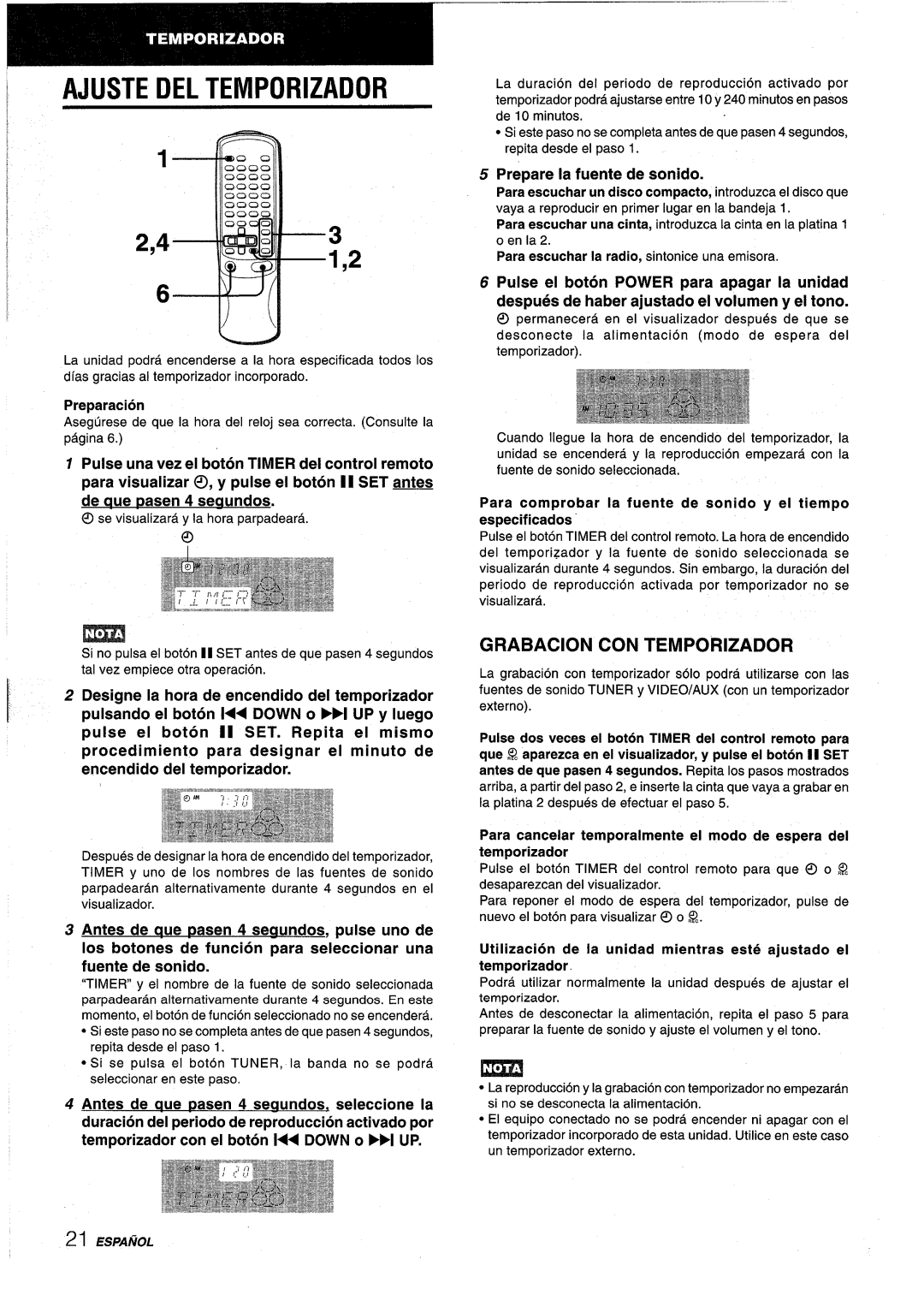 Aiwa NSX-AV800 manual Ajuste Del Temporizador, 2,43, Grabacion Con Temporizador, pulse el boton II SET. Repita el mismo 