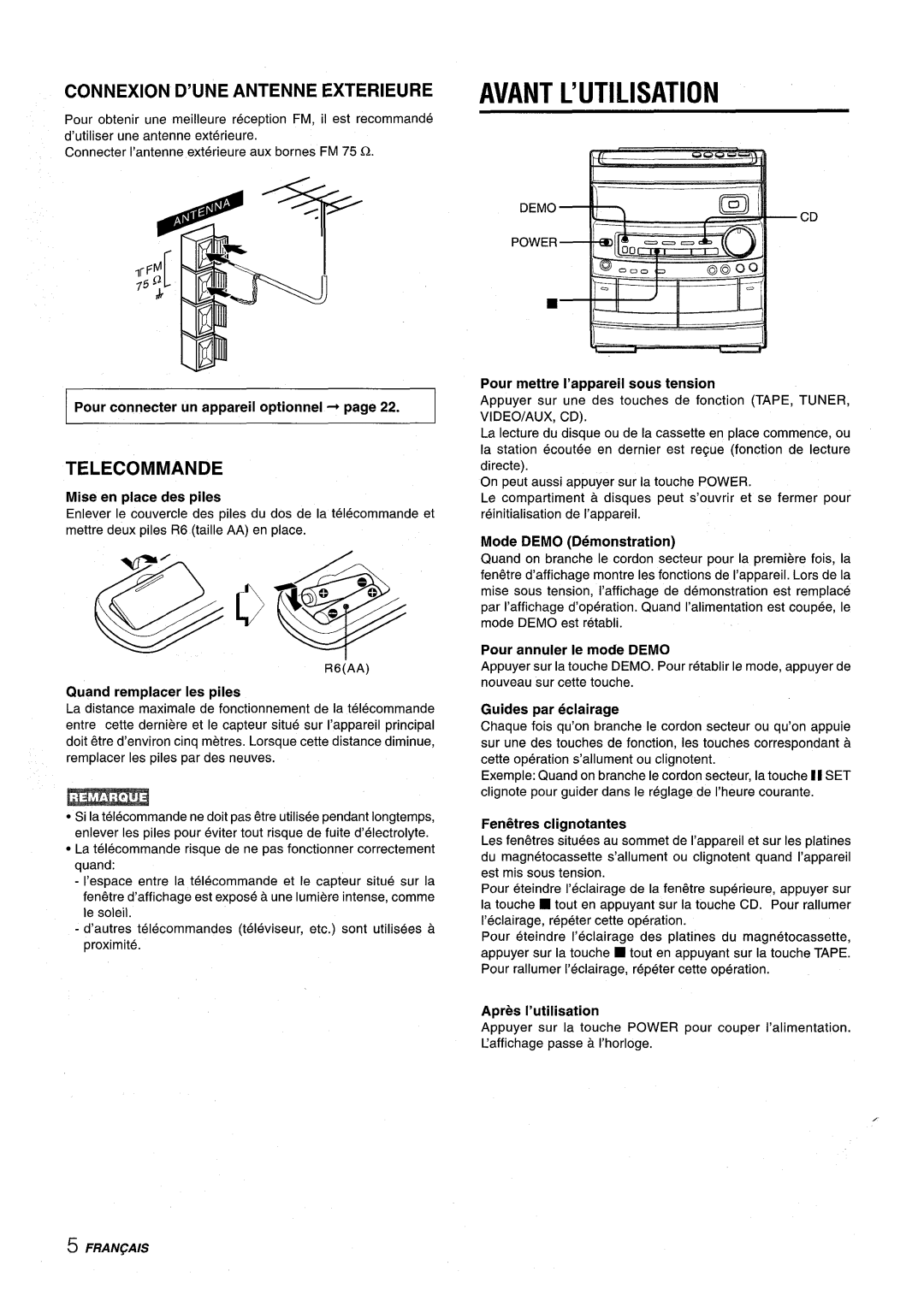 Aiwa NSX-AV800 manual ~’ . II T n----IF !4-I, Avant L’Utilisation, Connexion D’Une Antenne Exterieure, Telecommande 
