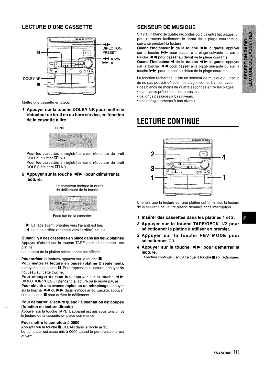 Aiwa NSX-AV800 manual Lecture Continue, Lecture D’Une Cassette, Senseur De Musique, T--’~”---‘- ~---j-j T 