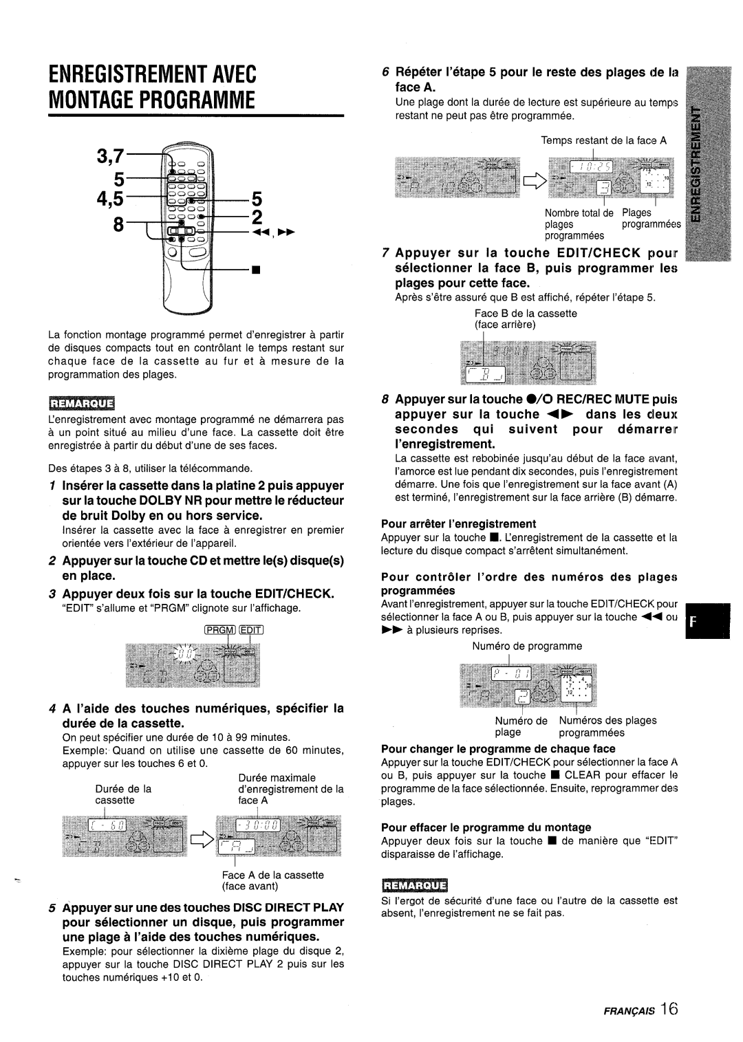 Aiwa NSX-AV800 manual Enregistrement Avec Montage Programme, Appuyer deux fois sur la touche EDIT/CHECK 