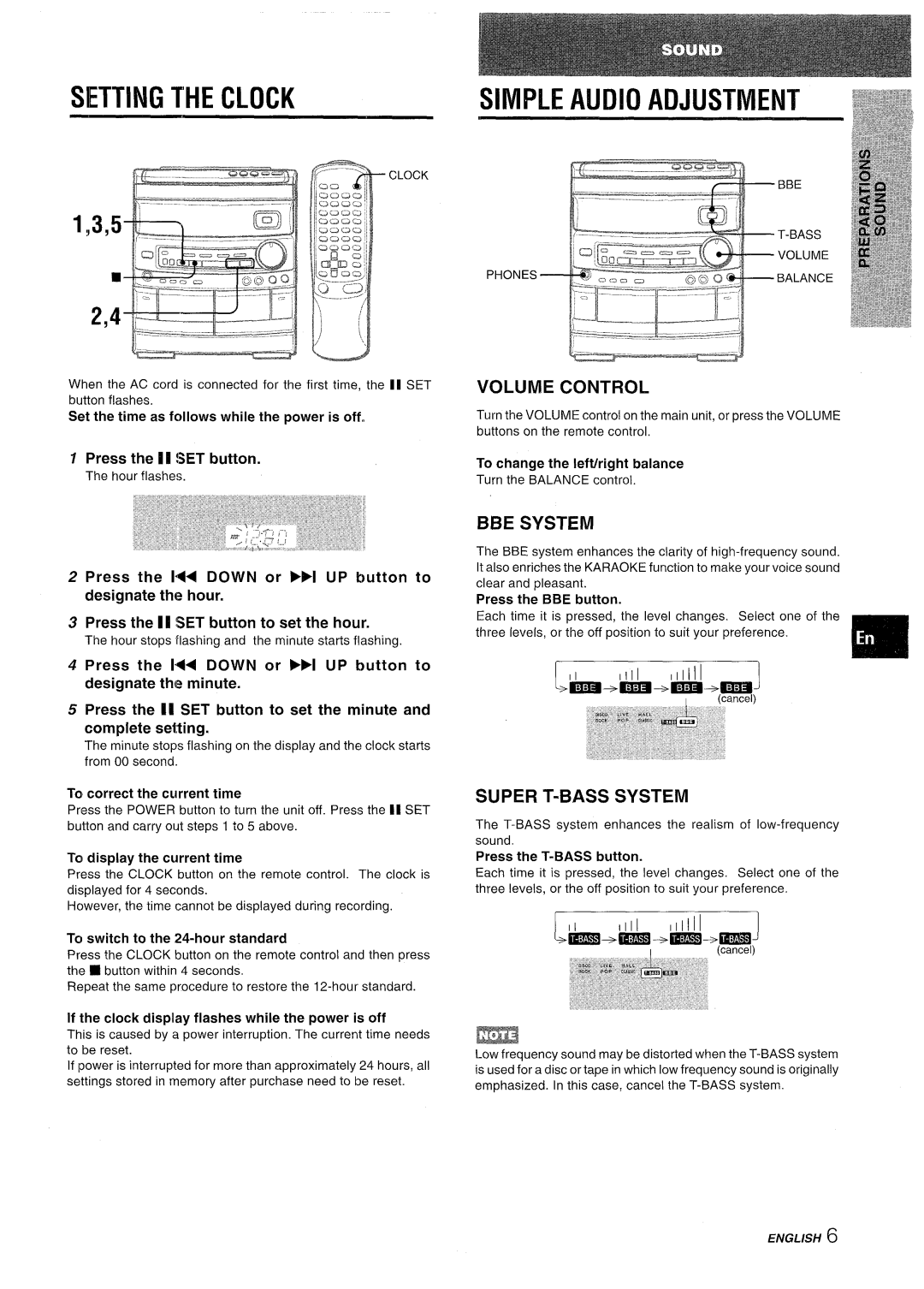 Aiwa NSX-AV800 manual Setting The Clock, 1,3,5..L- - -JI, Simple Audio Adjustment, Volume Control, Bbe System 