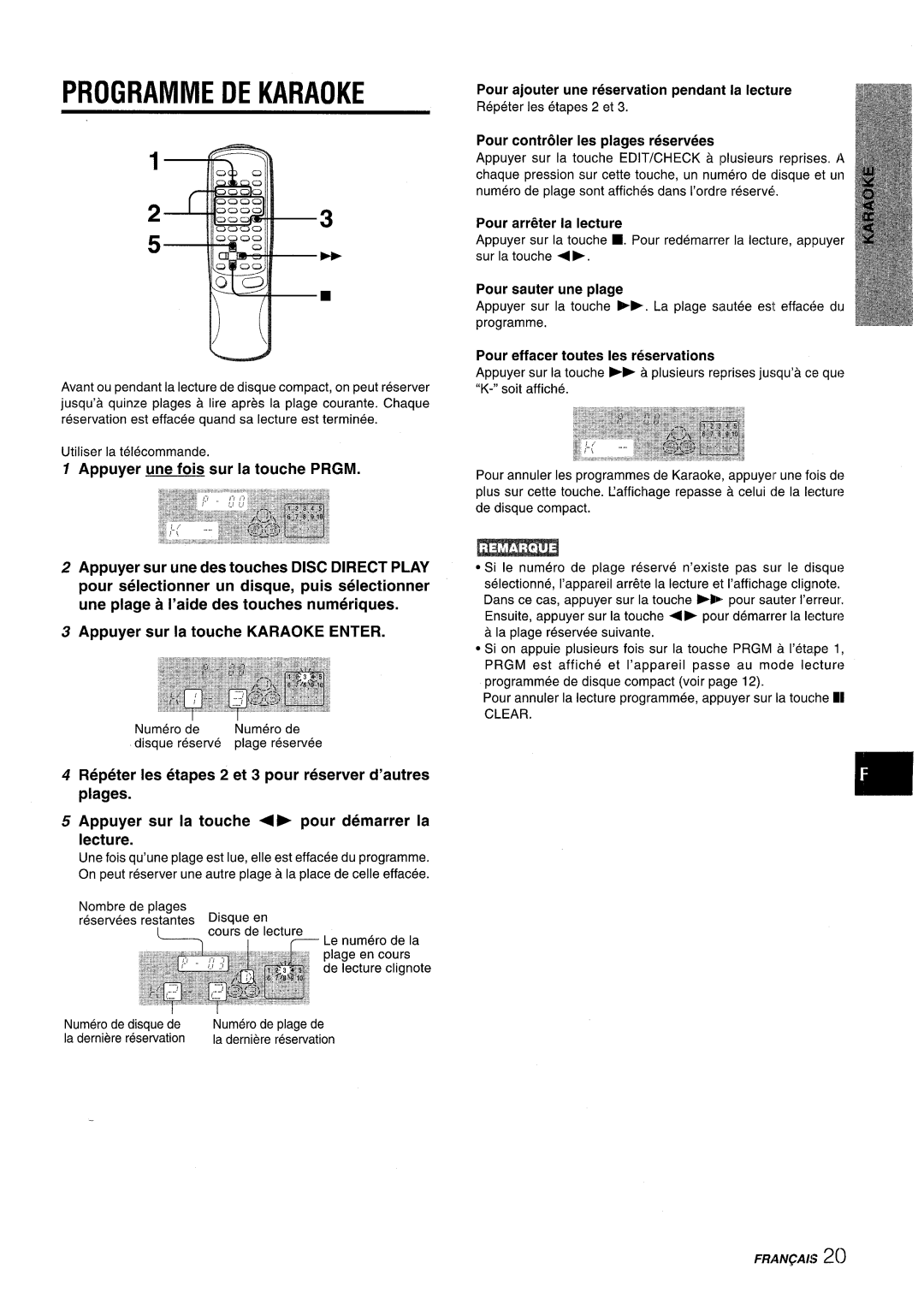 Aiwa NSX-AV800 manual Programme De Iaraoke, Appuyer une fois sur la touche PRGM, Pour controller Ies plages reservees 