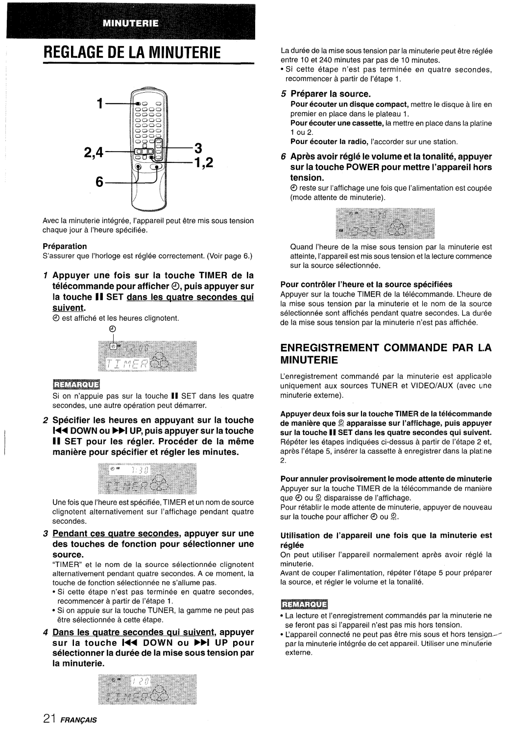 Aiwa NSX-AV800 manual Reglage De La Minuterie, Enregistrement Commande Par L.A Minuterie, Preparer la source 
