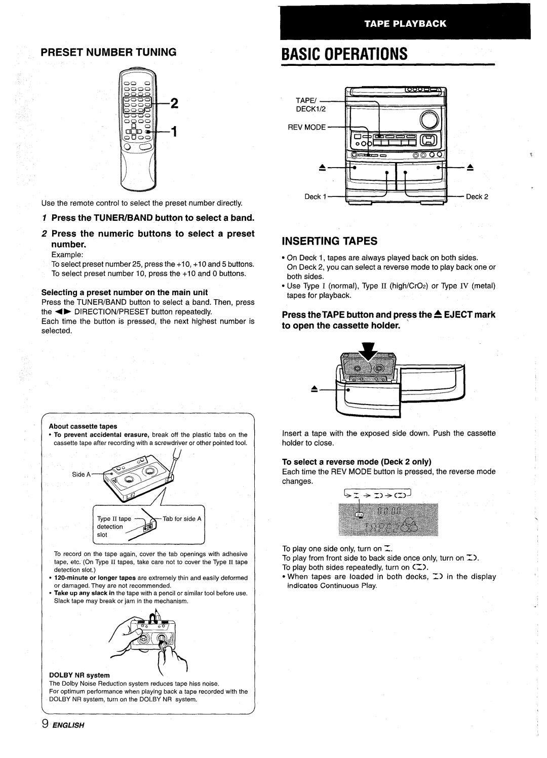 Aiwa NSX-AV900 manual Basic Operations, Preset Number Tuning, Inserting Tapes, Selecting a preset number on the main unit 