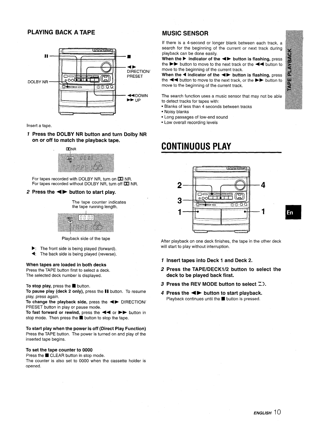 Aiwa NSX-AV900 manual Continuous Play, Playing Back a Tape, Music Sensor, On or off to match the playback tape 