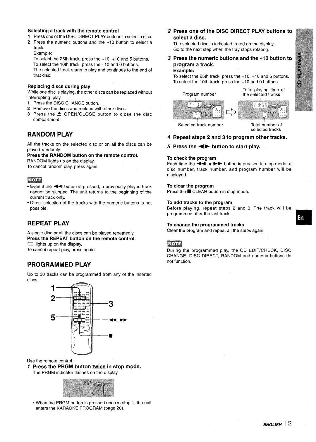 Aiwa NSX-AV900 manual Random Play, Repeat Play, Programmed Play, Press the Prgm button twice in stop mode 