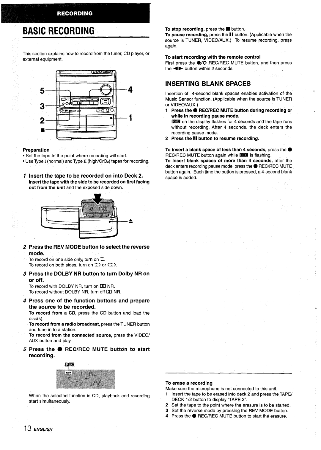 Aiwa NSX-AV900 manual Basic Recording, Inserting Blank Spaces 