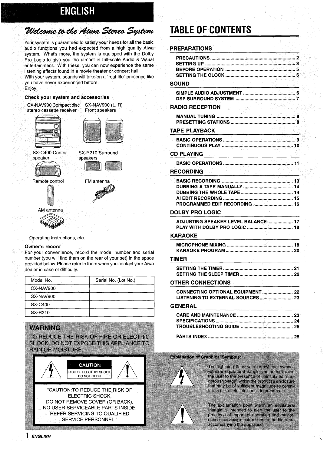 Aiwa NSX-AV900 manual ’4w&3A%4kne@s$l?4a?=, Table of Contents 