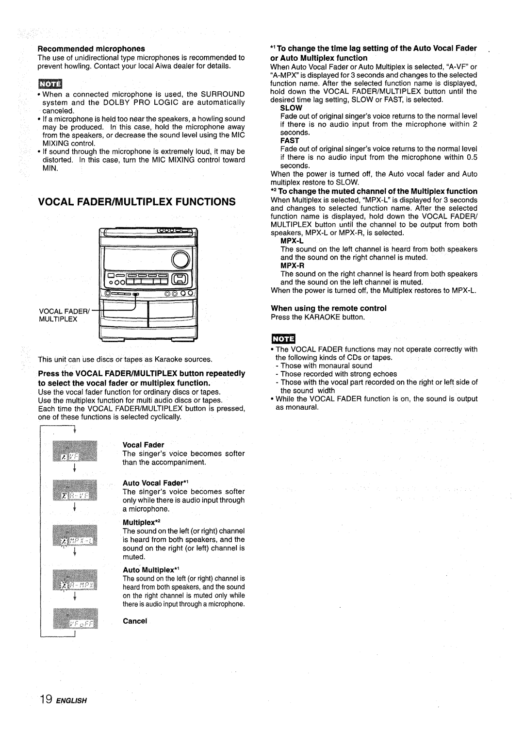 Aiwa NSX-AV900 manual Vocal Fadeiumultiplex Functions, Recommended microphones, Multiplex*2, Auto Multiplex*’, Cancel 