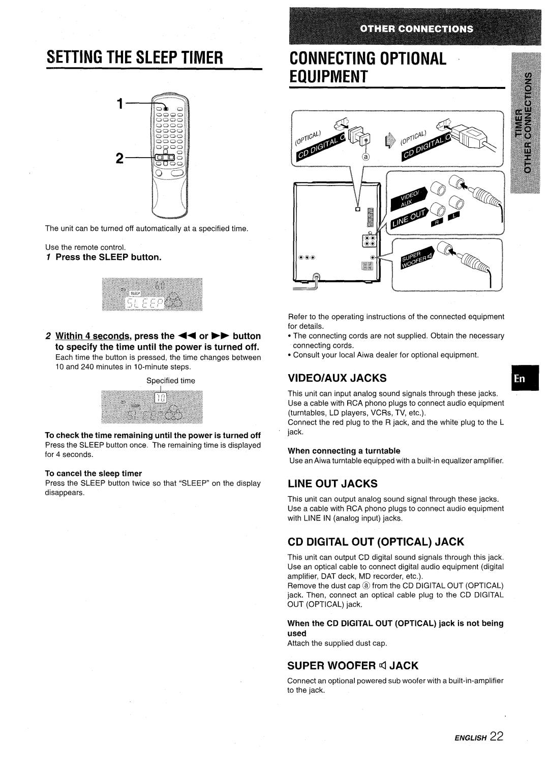 Aiwa NSX-AV900 manual Setting the Sleep T MER, Connecting Optional Equipment 