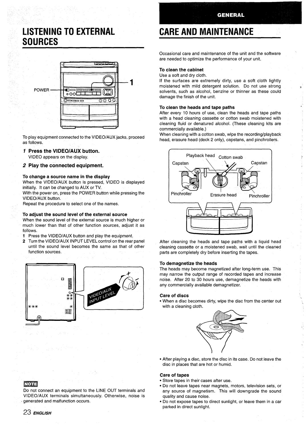 Aiwa NSX-AV900 manual Listening to External Sources, Care and Maintenance, Press the ViDEO/AUX button 