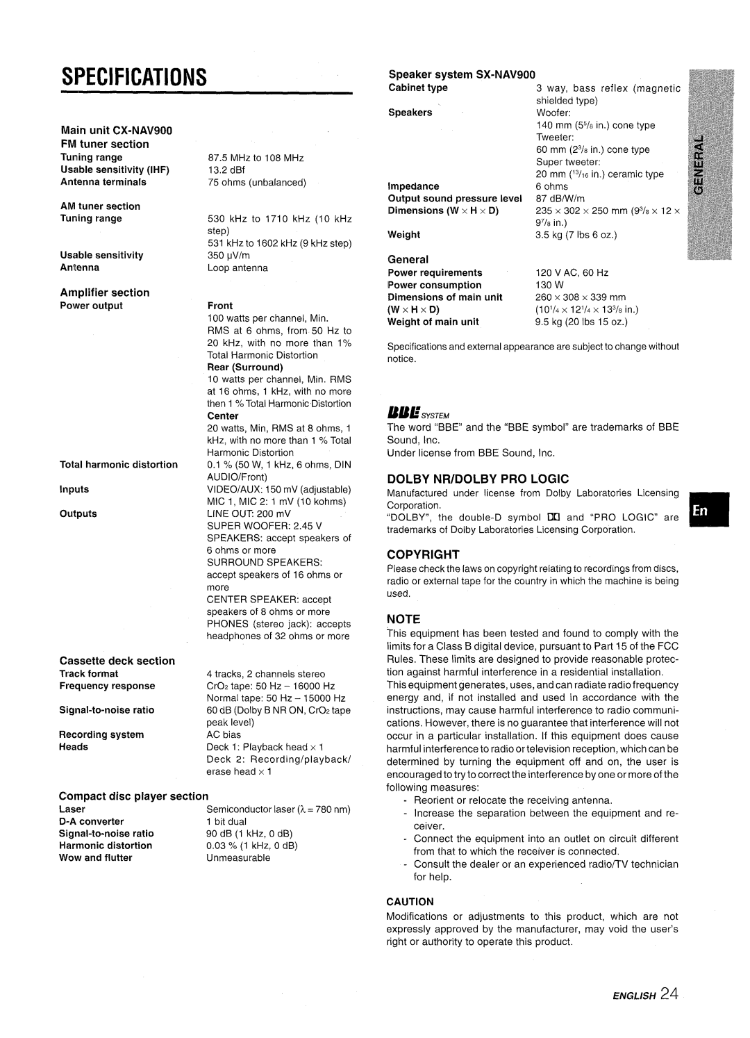 Aiwa NSX-AV900 manual Specifications, Copyright 