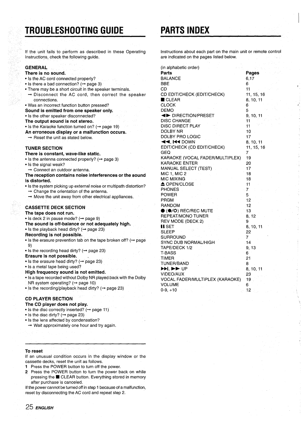 Aiwa NSX-AV900 manual Troubleshooting Guide, Parts Index, Down 