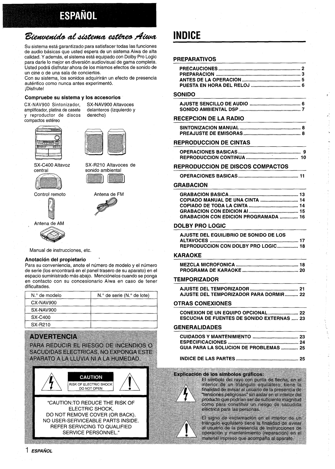 Aiwa NSX-AV900 manual Indice 