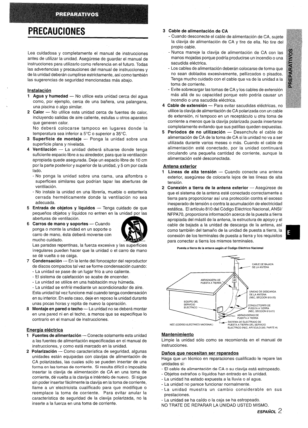 Aiwa NSX-AV900 manual Precauciones, Ratalacion, Enerqia electrica, Cable de alimentacion de CA, Mantenimiento 