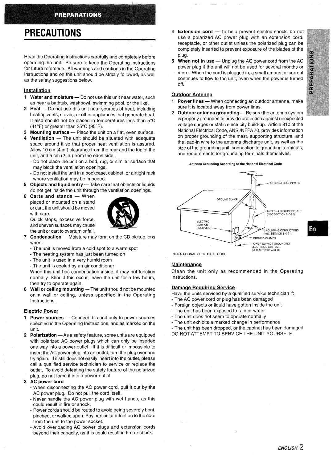 Aiwa NSX-AV900 manual Precautions, Maintenance, Damaae Reauirina Service, Do not Attempt to Service the Unit Yourself 