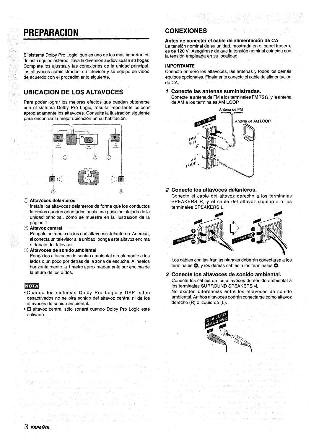 Aiwa NSX-AV900 manual Preparation, Ubicacion DE LOS Altavoces, Conexiones 