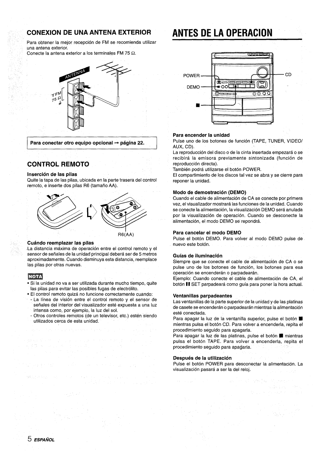 Aiwa NSX-AV900 manual Antes DE LA Operacion, Conexion DE UNA Antena Exterior, Control Remoto 