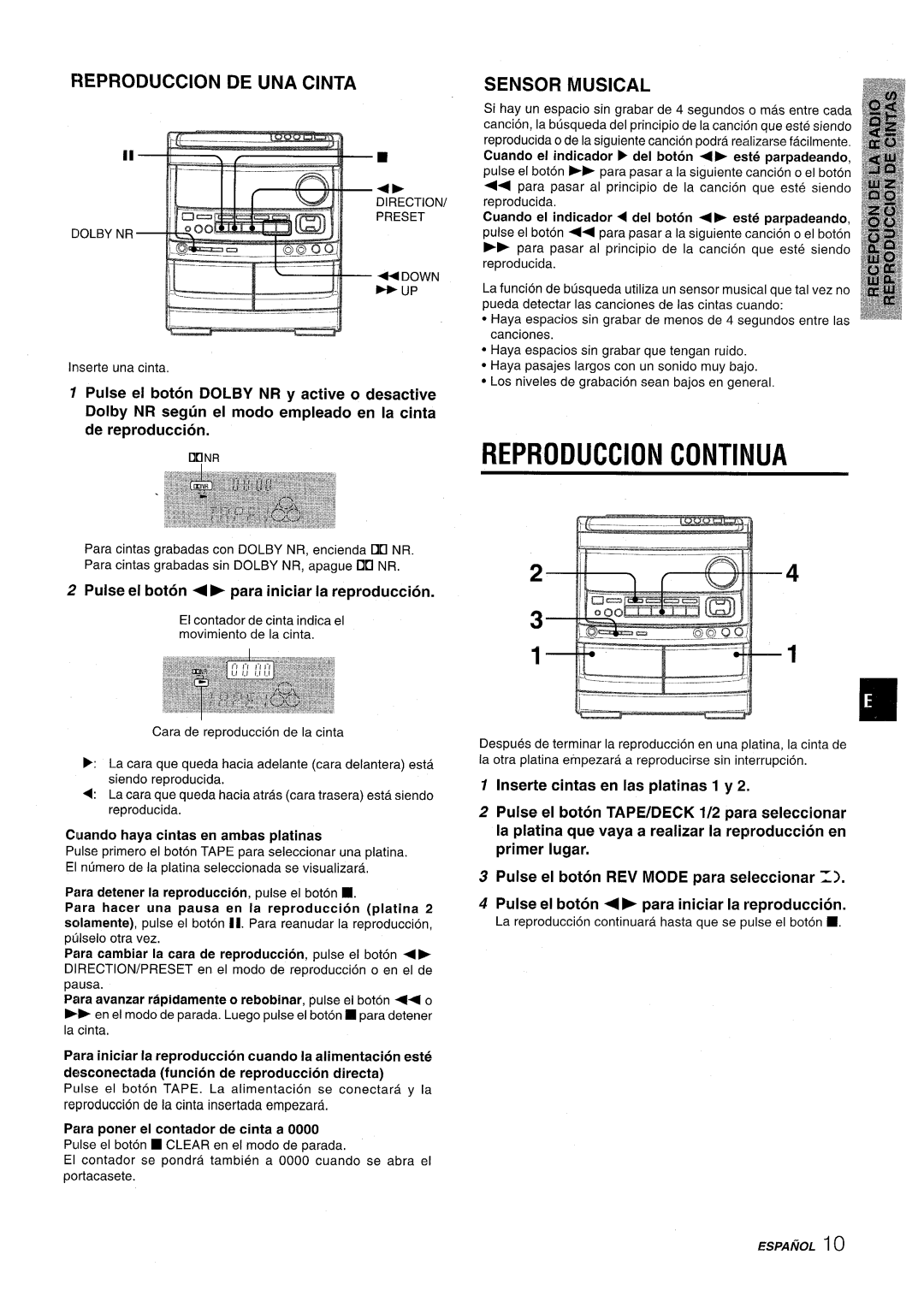 Aiwa NSX-AV900 manual Reproduction Continua, Reproduction DE UNA Cinta, Sensor Musical 