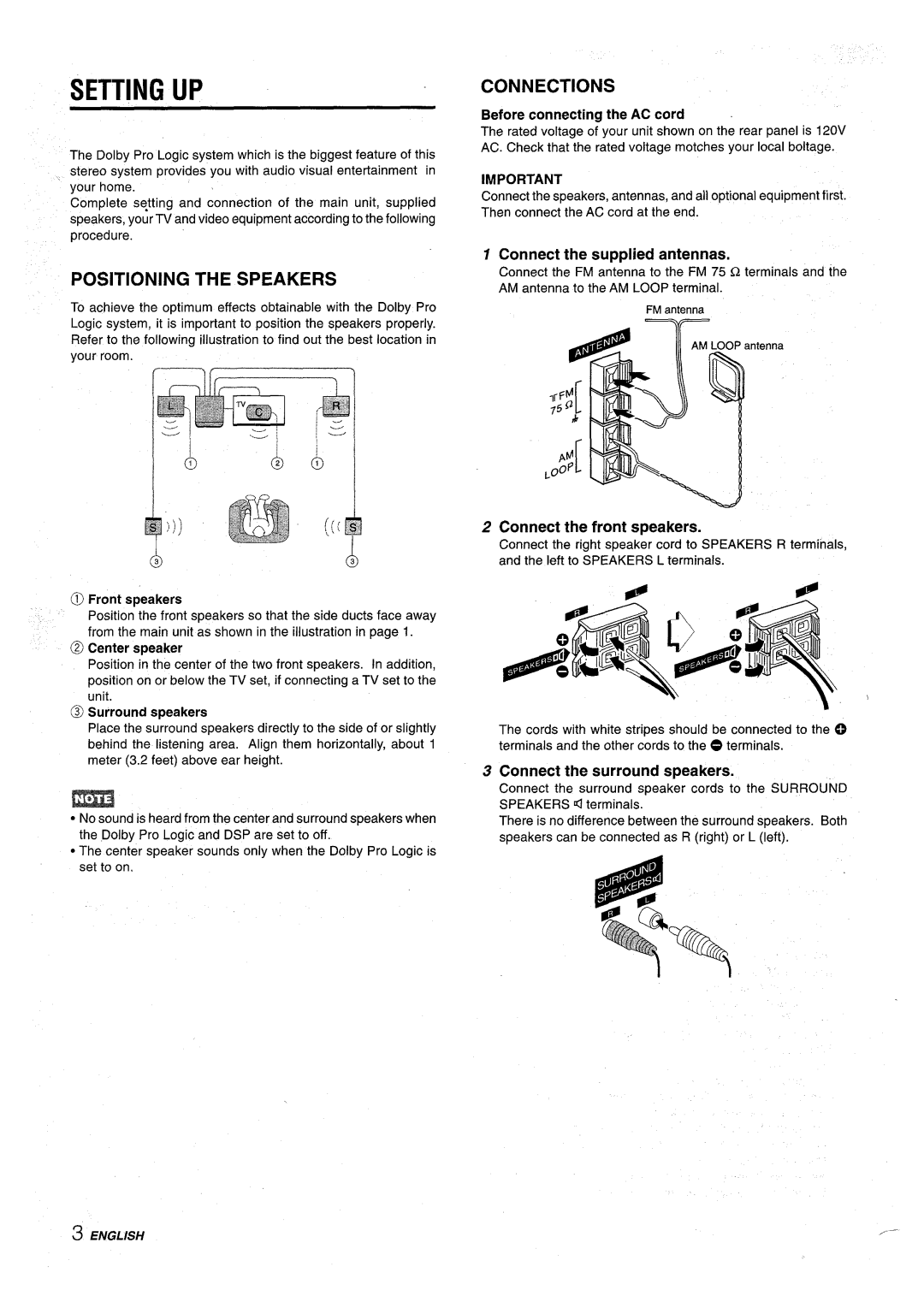 Aiwa NSX-AV900 manual Setting UP, Positioning the Speakers, Connections 