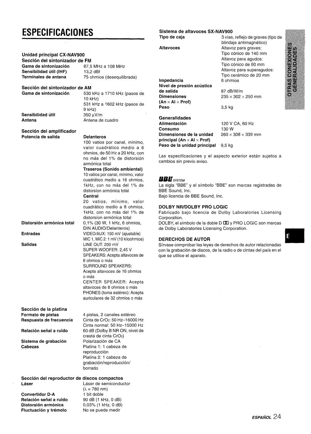 Aiwa NSX-AV900 manual Especificaciones 