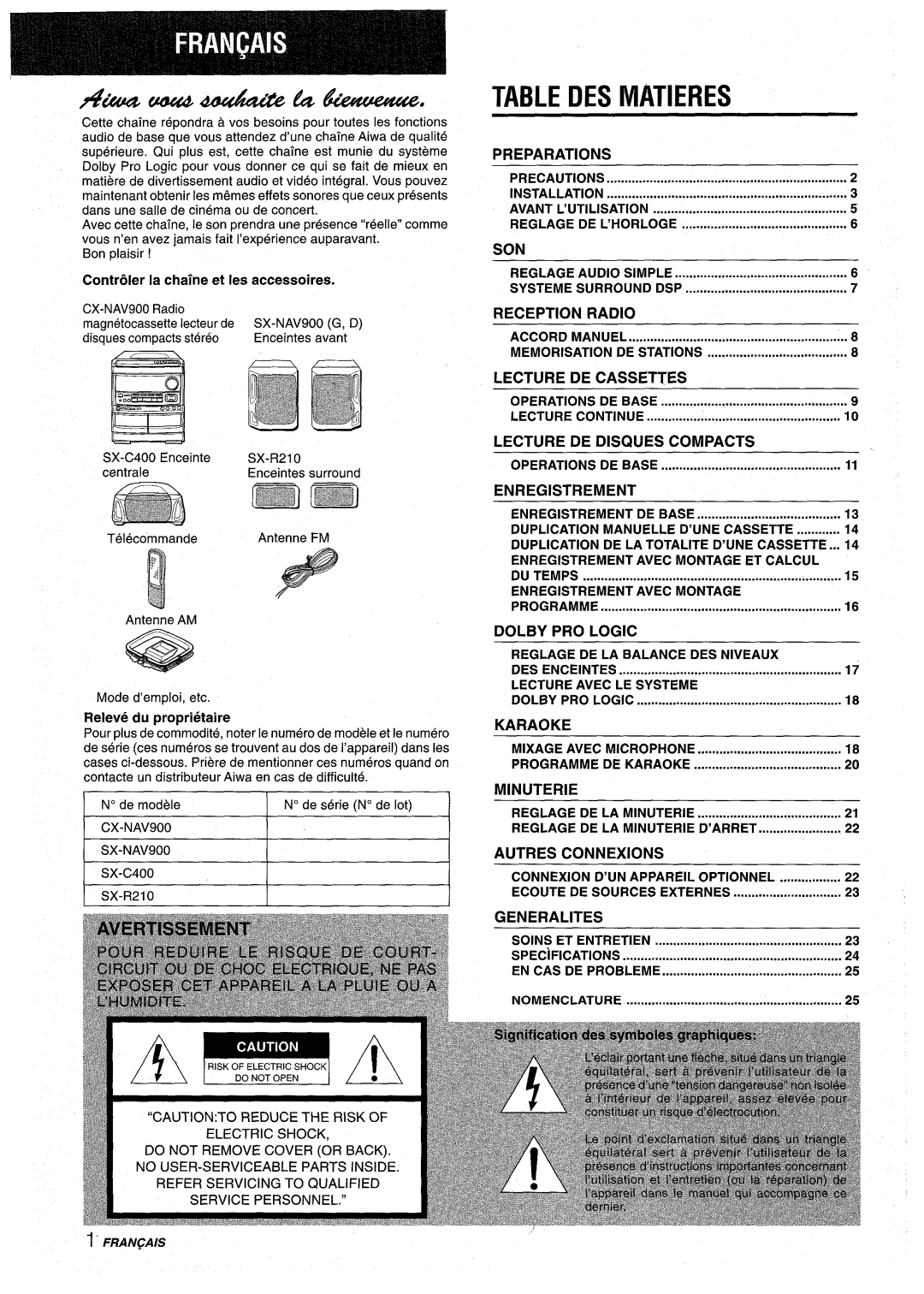 Aiwa NSX-AV900 manual DES Matieres 