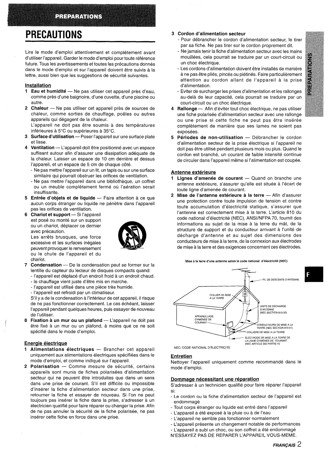 Aiwa NSX-AV900 manual Cordon d’alimentation secteur, Entretien, Dommaae necessitant une re~aration 