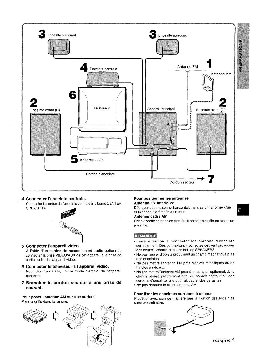 Aiwa NSX-AV900 manual Connecter I’enceinte centrale, Connecter I’appareil video, Connecter Ie t61eviseur a I’appareil video 