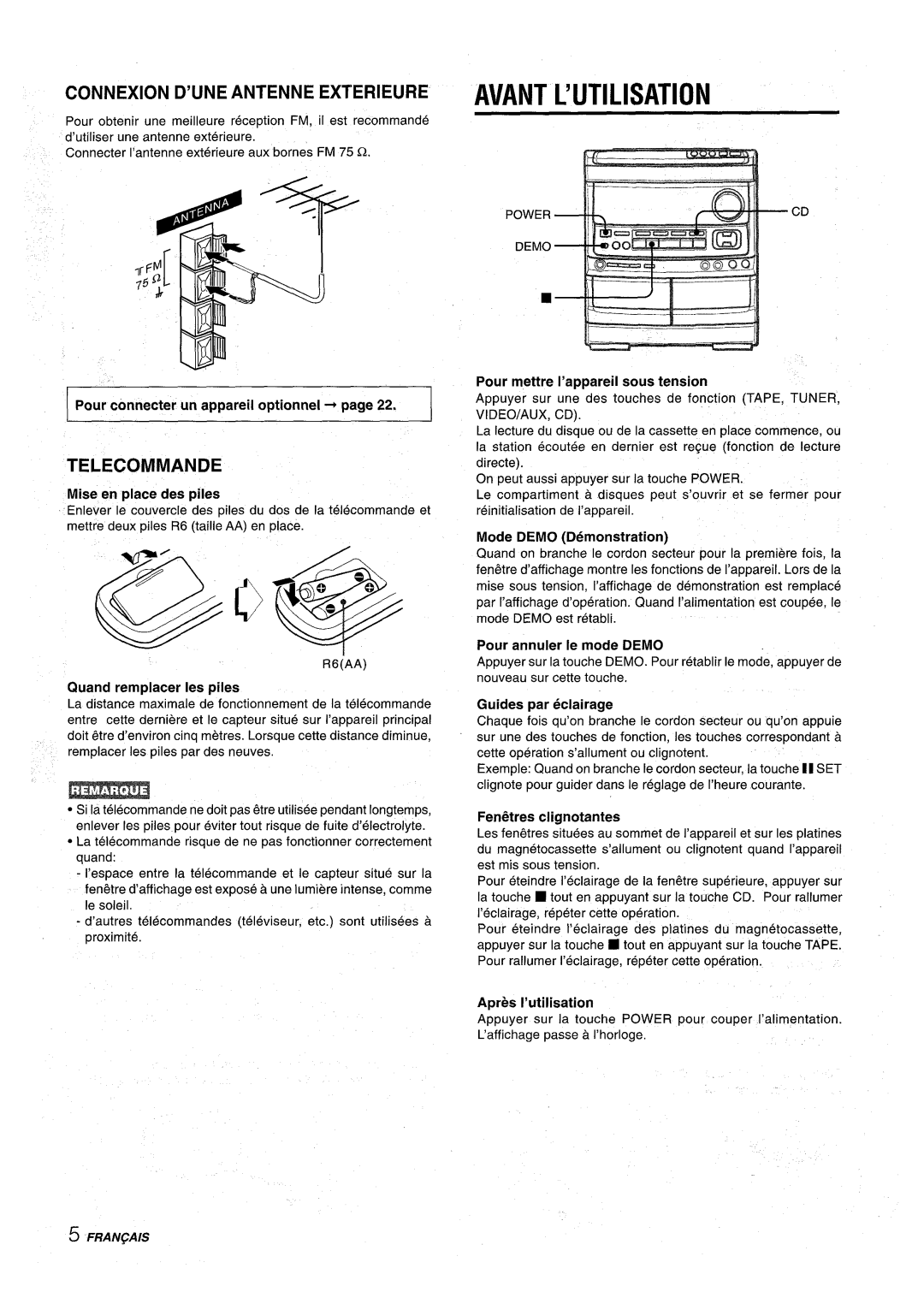 Aiwa NSX-AV900 manual Avant L’UTILISATION, Connexion D’UNE Antenne Exterieure, Telecommande 