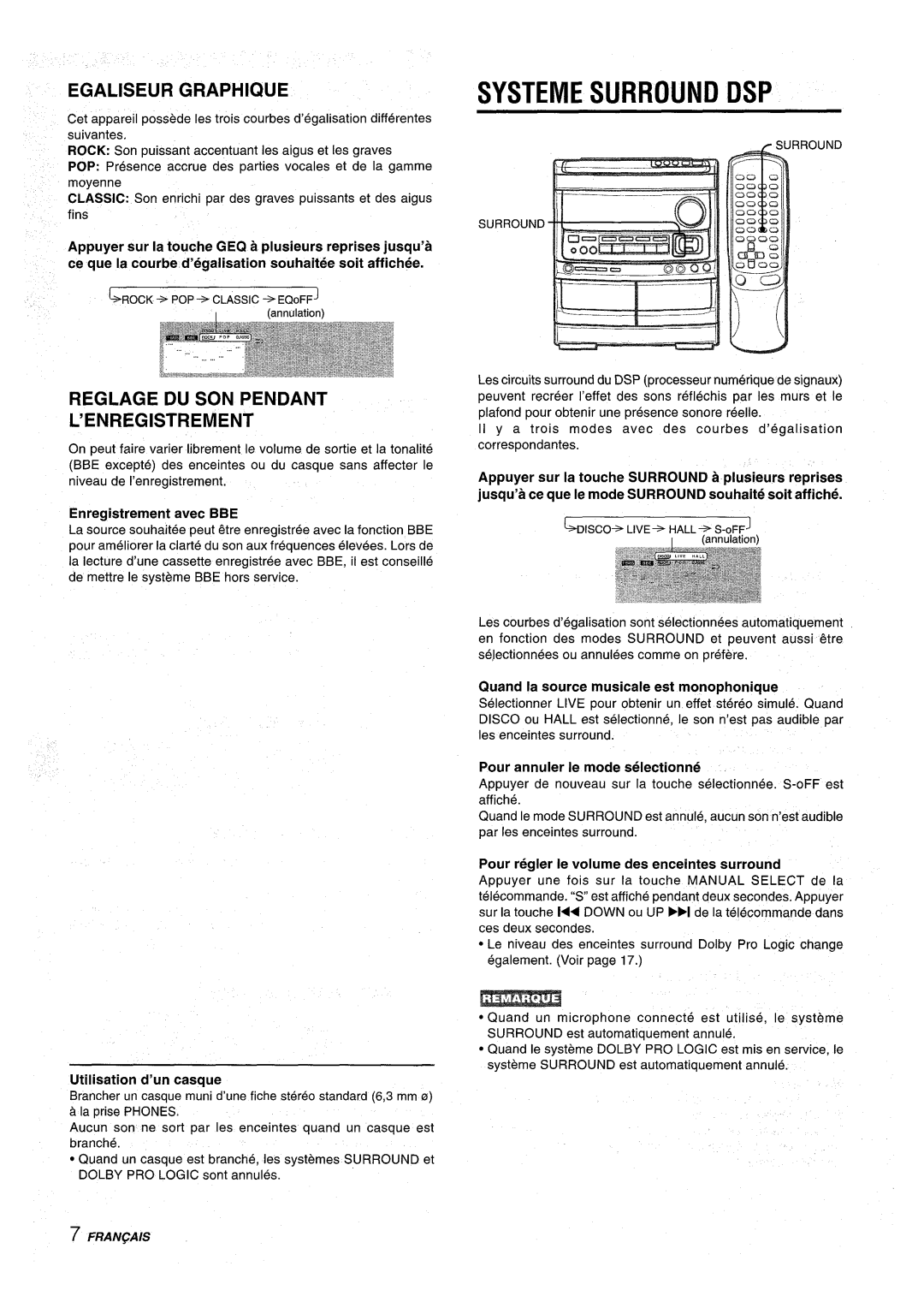 Aiwa NSX-AV900 manual Systeme Surround DSP, Egaliseur Graphique, Reglage DU SON Pendant ’ENREGISTREMENT 