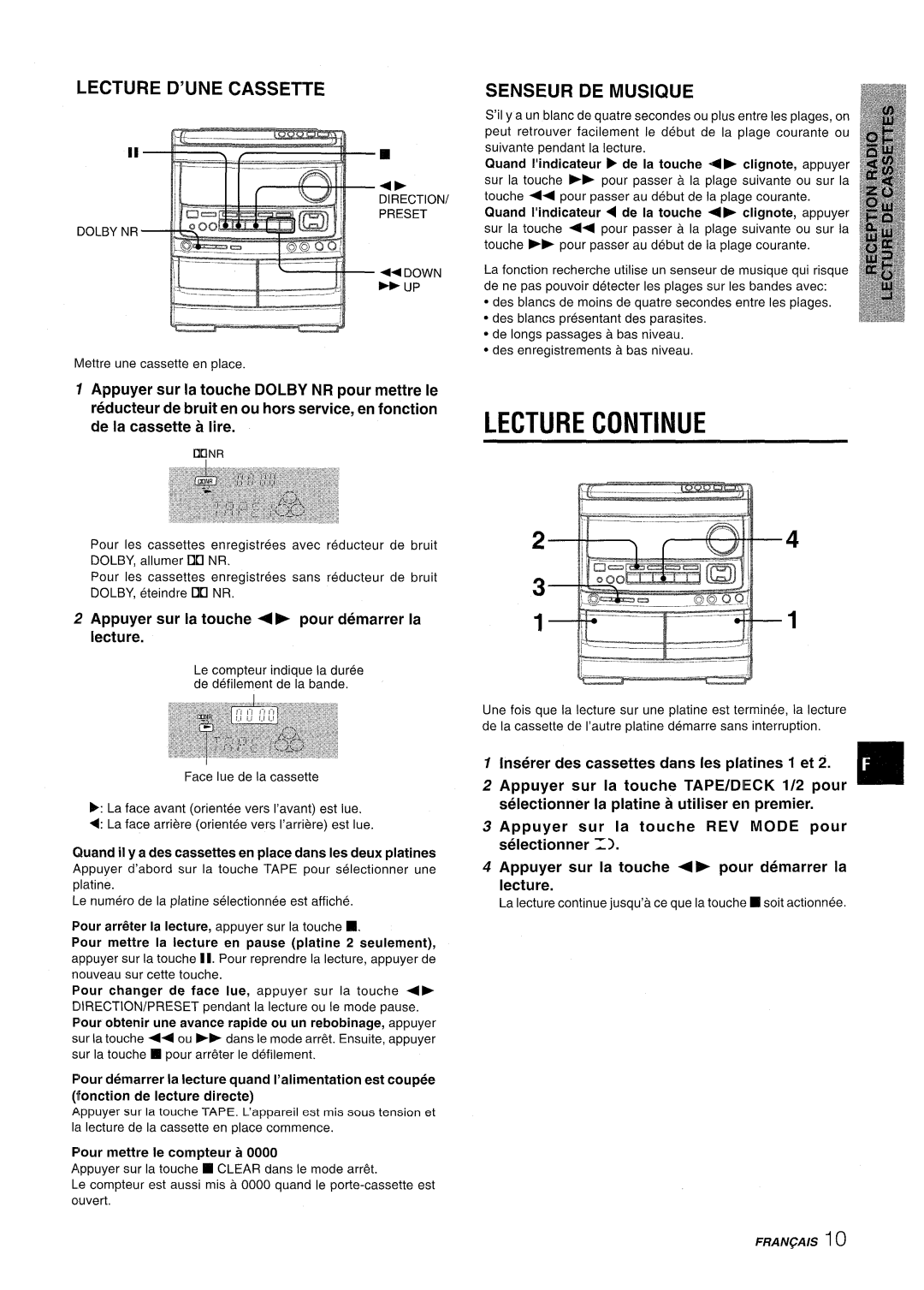 Aiwa NSX-AV900 manual Lecture Continue, Lecture D’UNE Cassette, Senseur DE Musigwe 