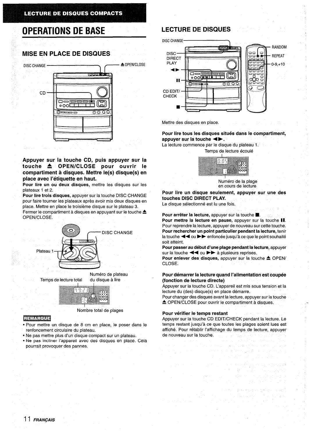 Aiwa NSX-AV900 manual Lecture DE Disques Mise EN Place DE Disques, Open/Close, Pour verifier Ie temps restant 