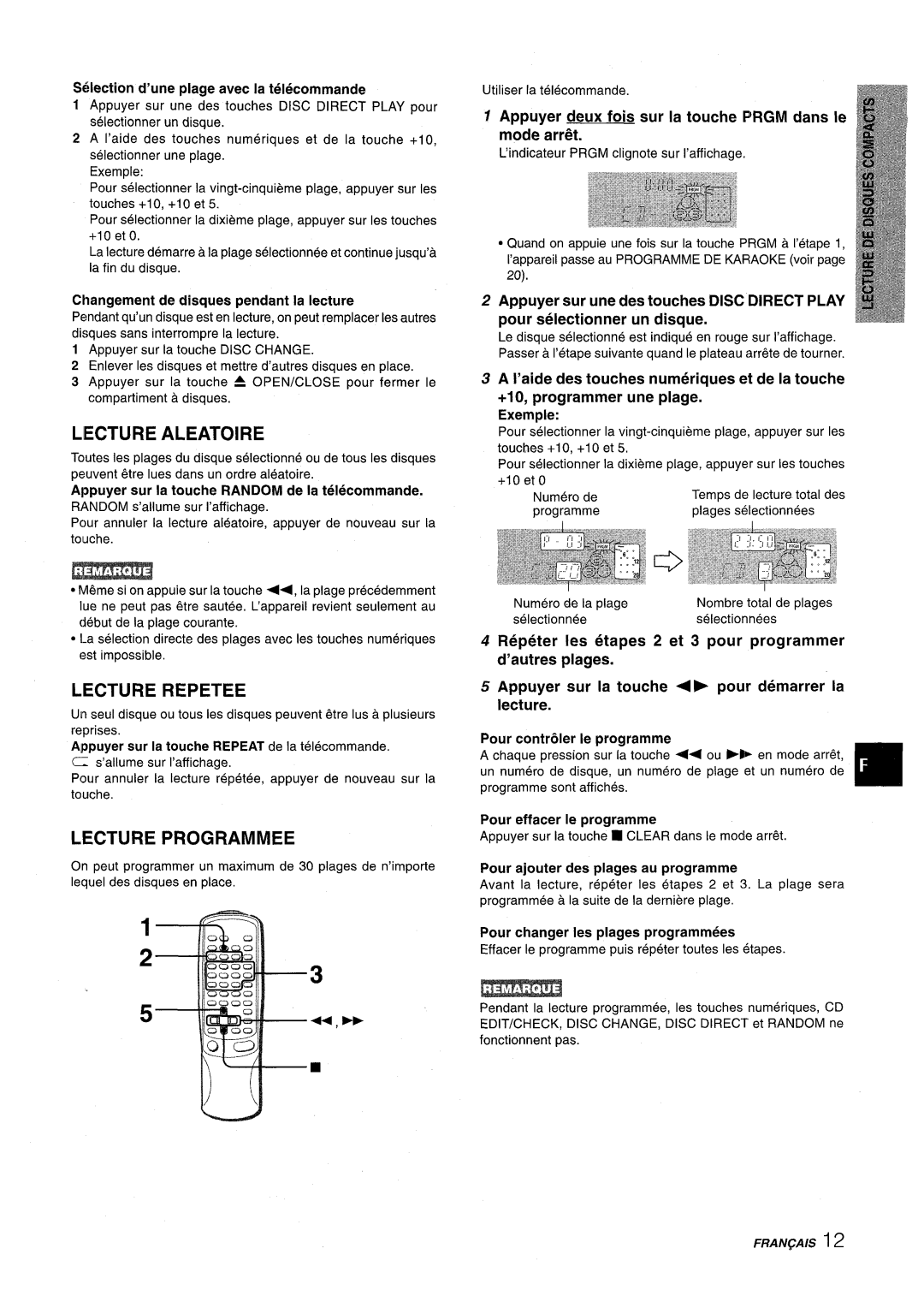 Aiwa NSX-AV900 manual Lecture Aleatoire, Lecture Repetee, Lecture Programmed, S61ectiond’une plage avec la telecommande 