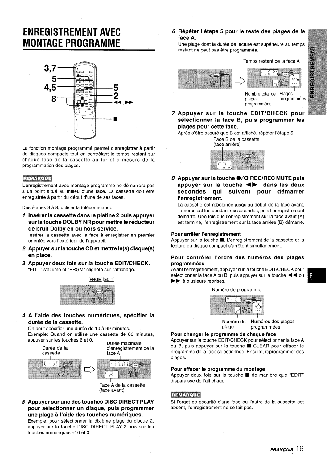 Aiwa NSX-AV900 manual Enregistrement Avec Montage Programme, Repeter I’etape 5 pour Ie reste des plages de la face a 