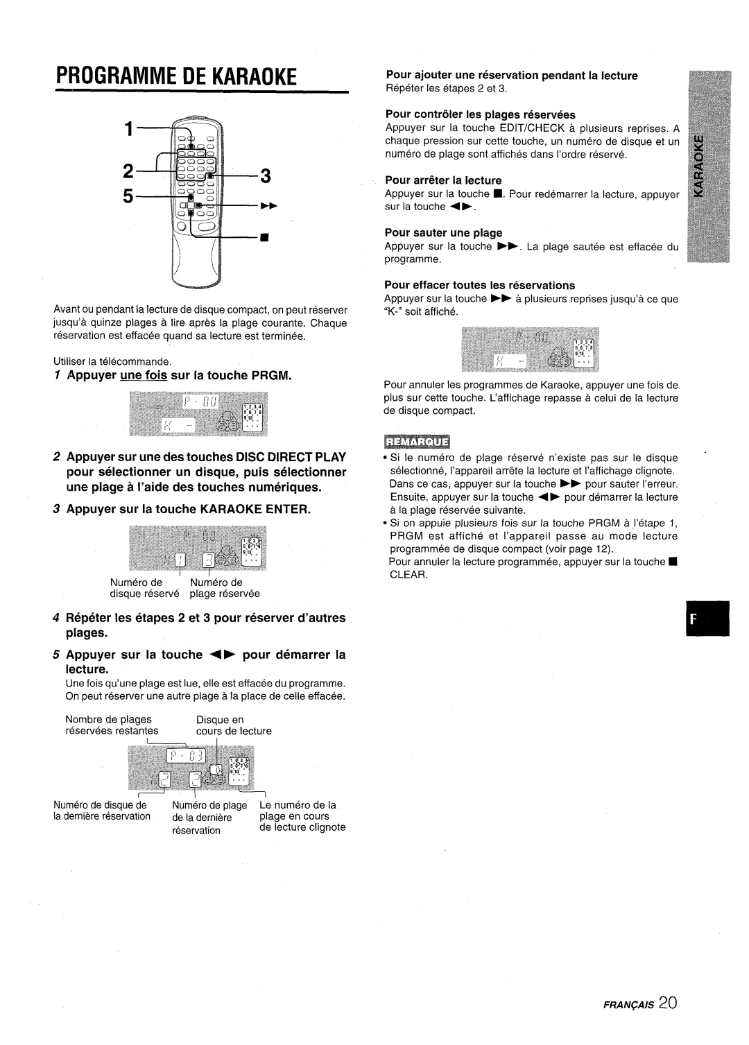 Aiwa NSX-AV900 manual Programme DE Karaoke, Appuyer une fois sur la touche Prgm, Pour sauter une piage 