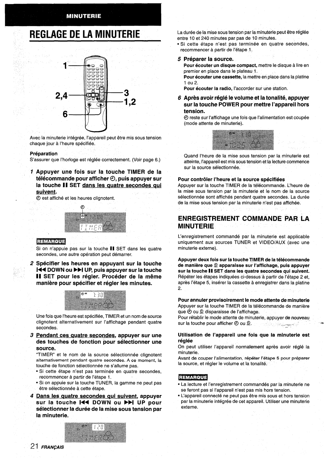 Aiwa NSX-AV900 manual Reglage DE LA Minuterie, Enregistrement Commande PAR LA Minuterie, Preparer la source 